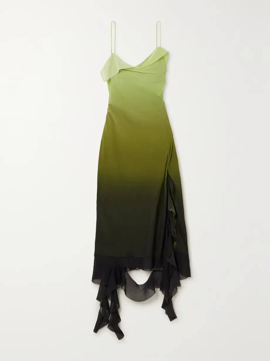 Acne Studios - Asymmetric Ruffled Ombré Chiffon Midi Dress - Green Cover