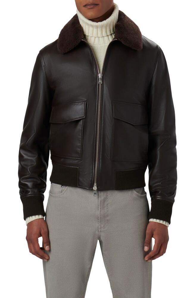 Bugatchi Leather Bomber Jacket with Removable Genuine Shearling Collar in Truffle Cover