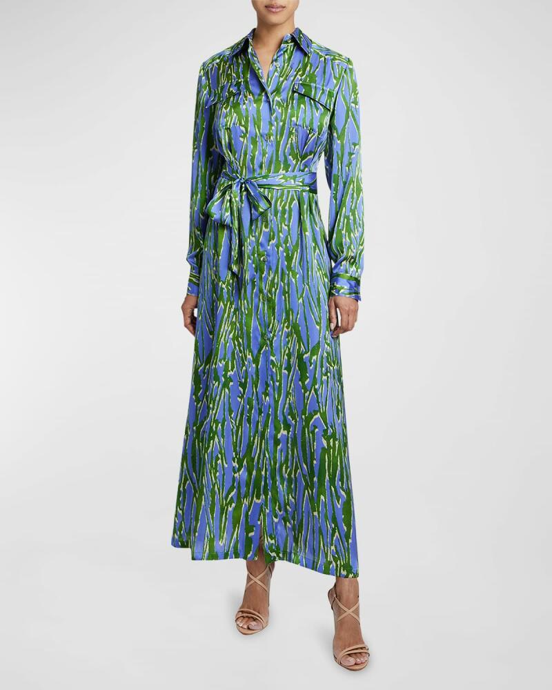 Santorelli Zara Abstract-Print Charmeuse Maxi Shirtdress Cover