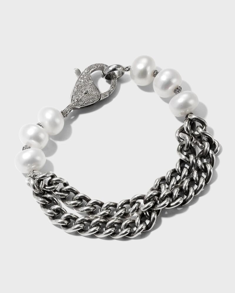 Sheryl Lowe Sterling Silver Double Curb Chain Bracelet with Pave Diamond Clasp Cover