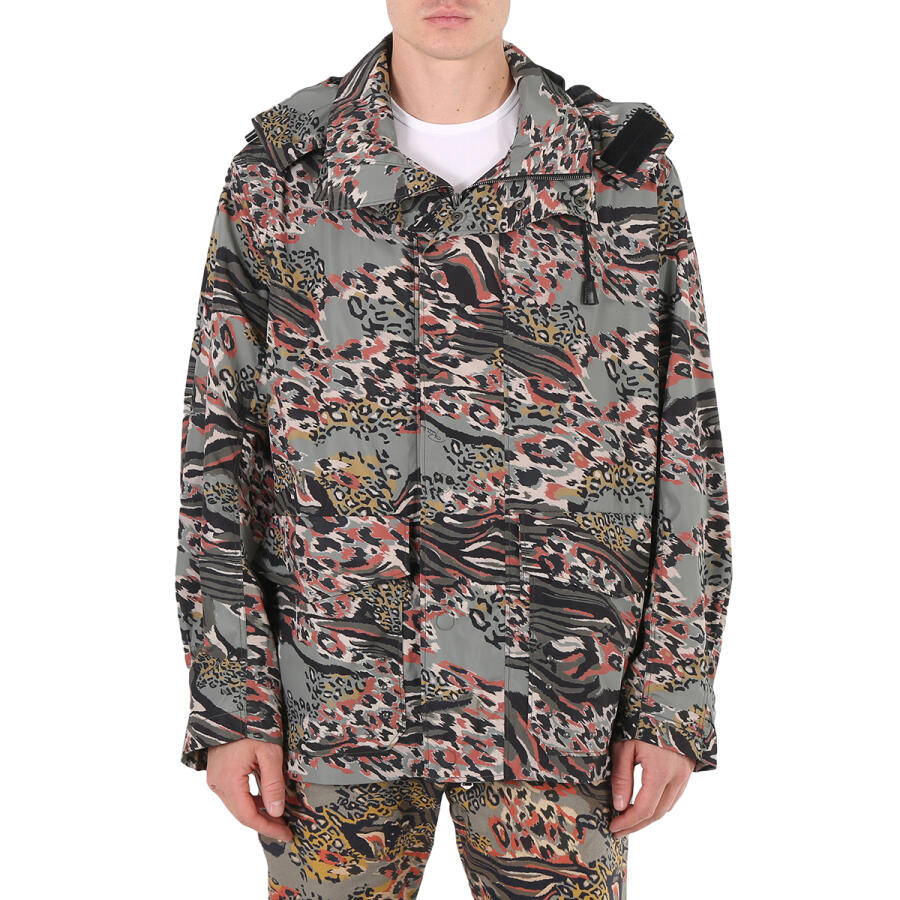 Roberto Cavalli Mens Khaki/Venetian Red Animalier Camouflage Hooded Jacket Cover