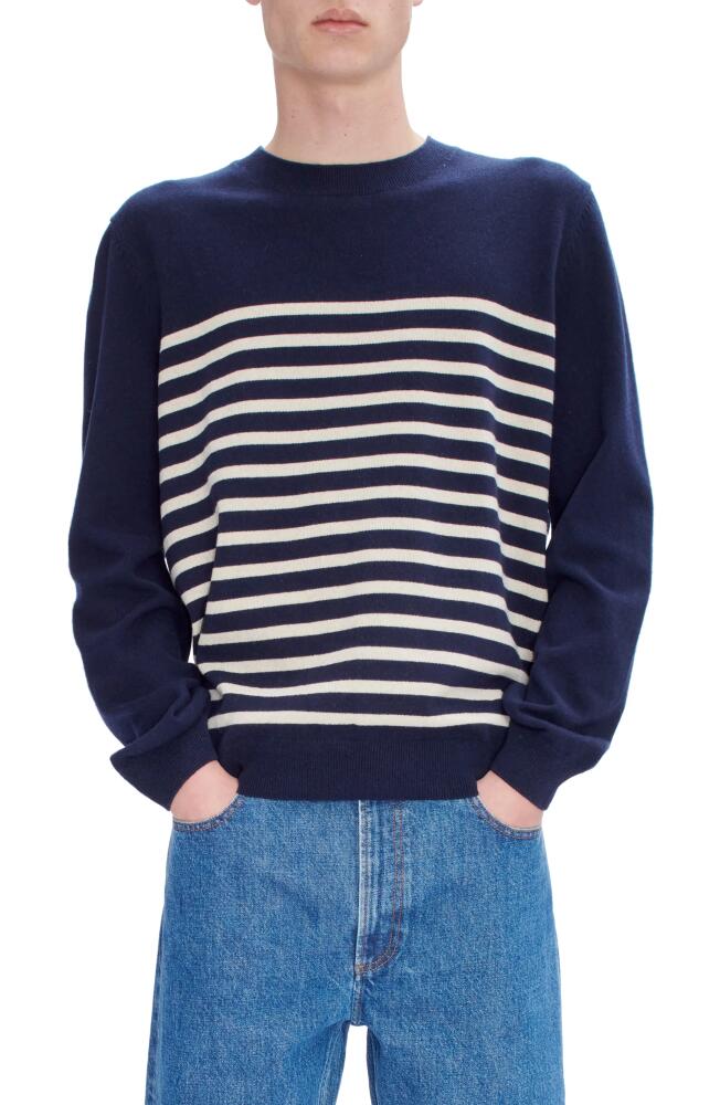 A. P.C. Pull Matthew Stripe Recycled Cashmere & Cotton Crewneck Sweater in Tiq Dark Navy/Ecru Cover