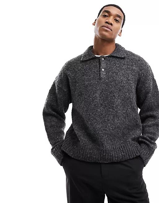 Weekday Bobby relaxed fit wool blend knitted polo in dark gray Cover