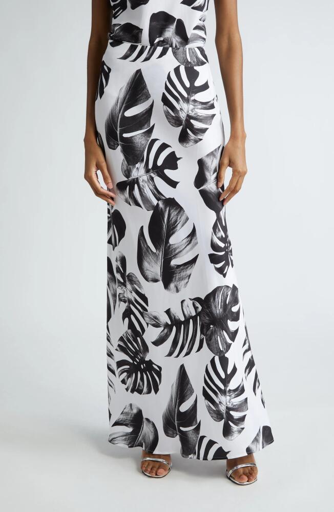 L'AGENCE Zeta Palm Satin Maxi Skirt in Black/White Palm Leaves Cover