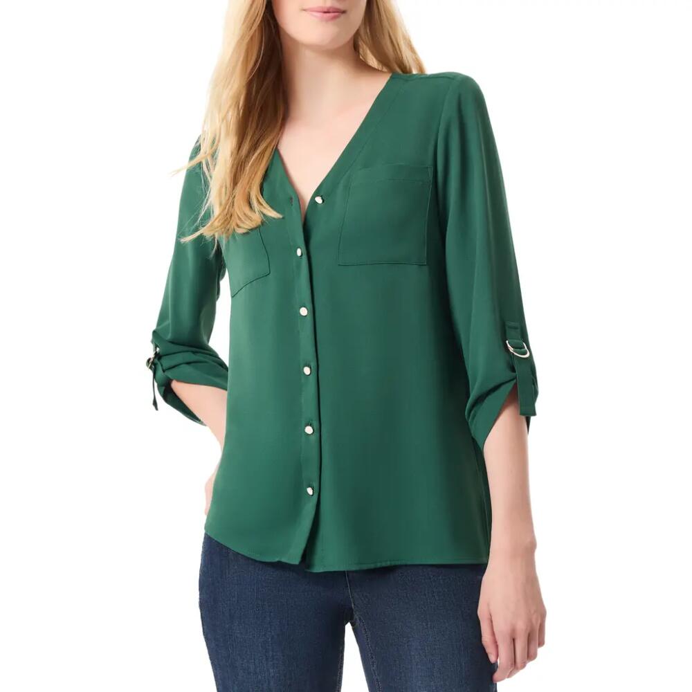 Jones New York Buckle Strap Cuff Button-Up Top in Forest Green Cover