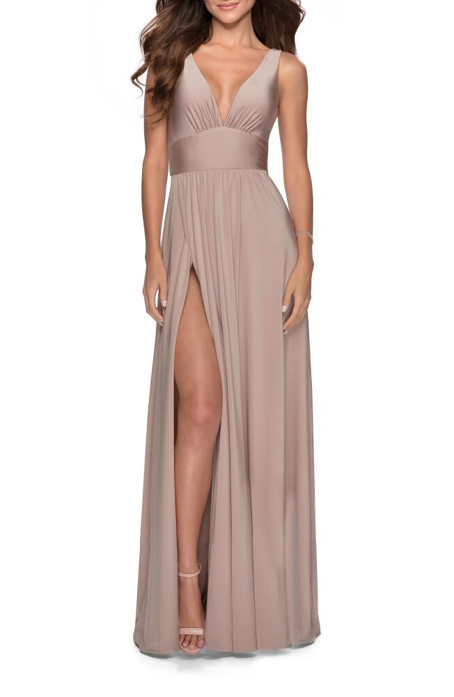 La Femme Plunge Neck A-Line Gown in Nude Cover