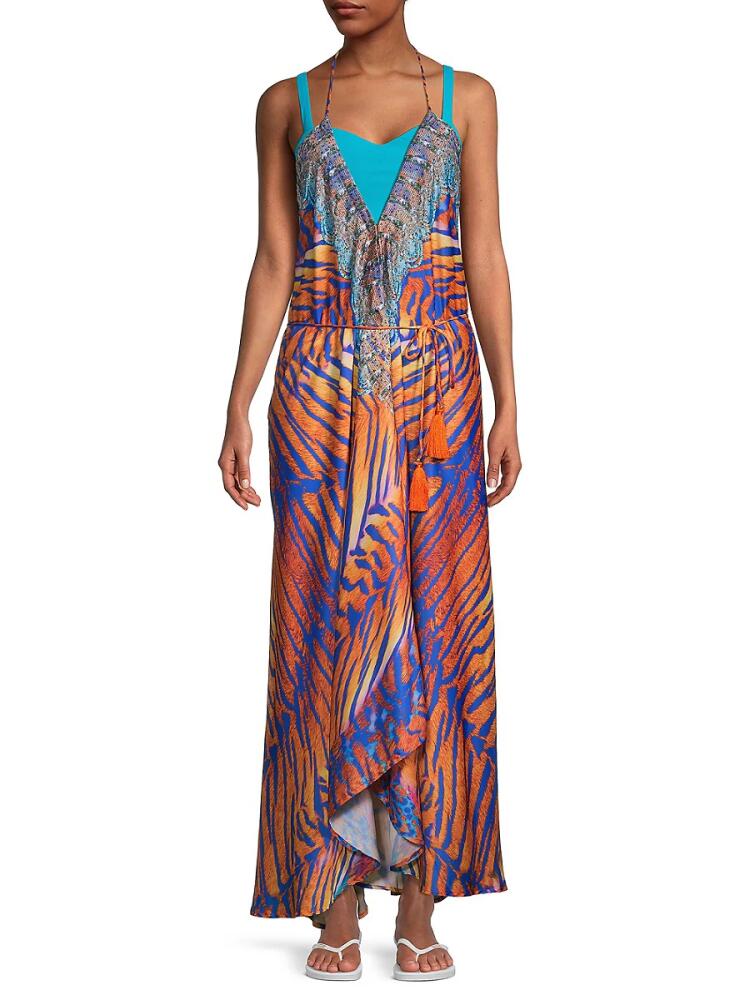 Ranee's Women's Tiger-Print Halterneck Maxi Coverup Dress - Rust Cover