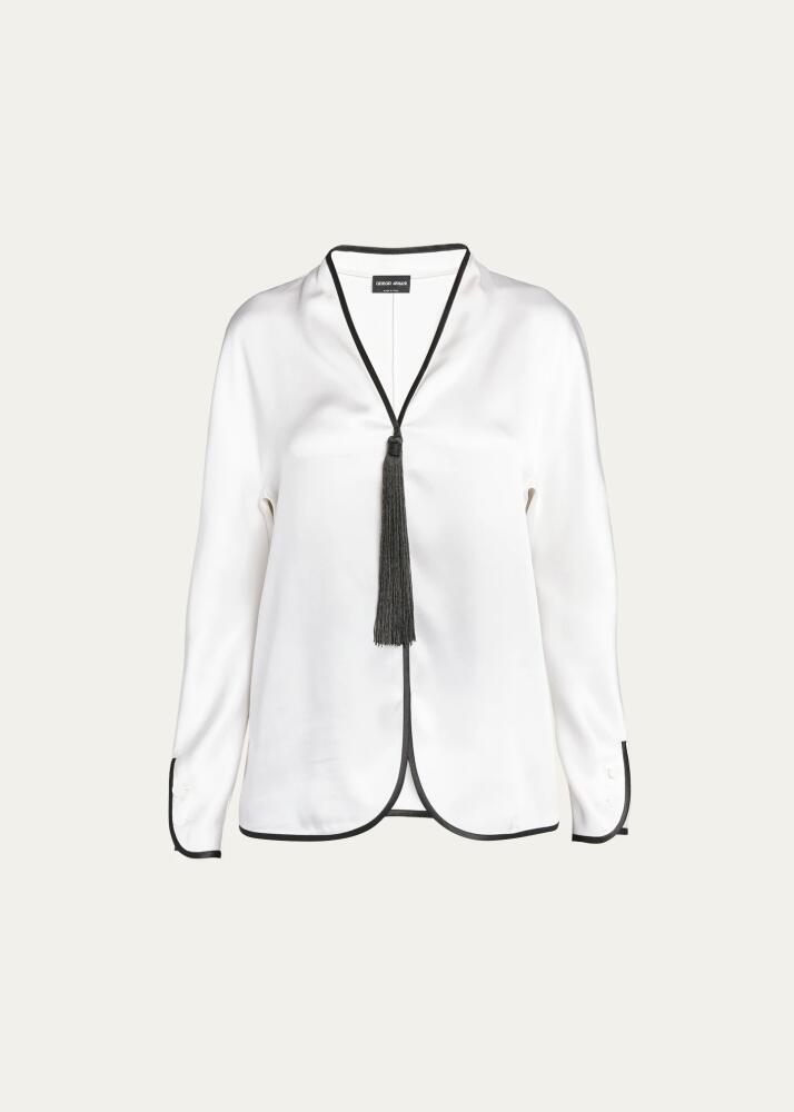 Giorgio Armani Tassel Silk Blouse with Contrast Tipping Cover