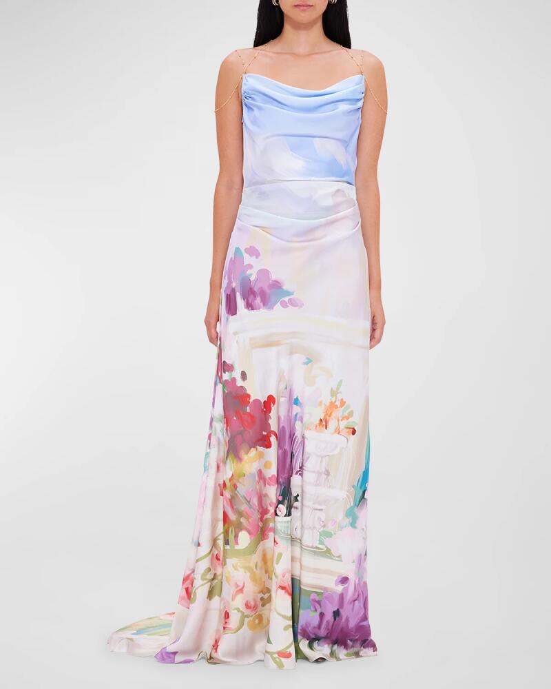 LEO LIN Imogen Draped Floral-Print Gown Cover