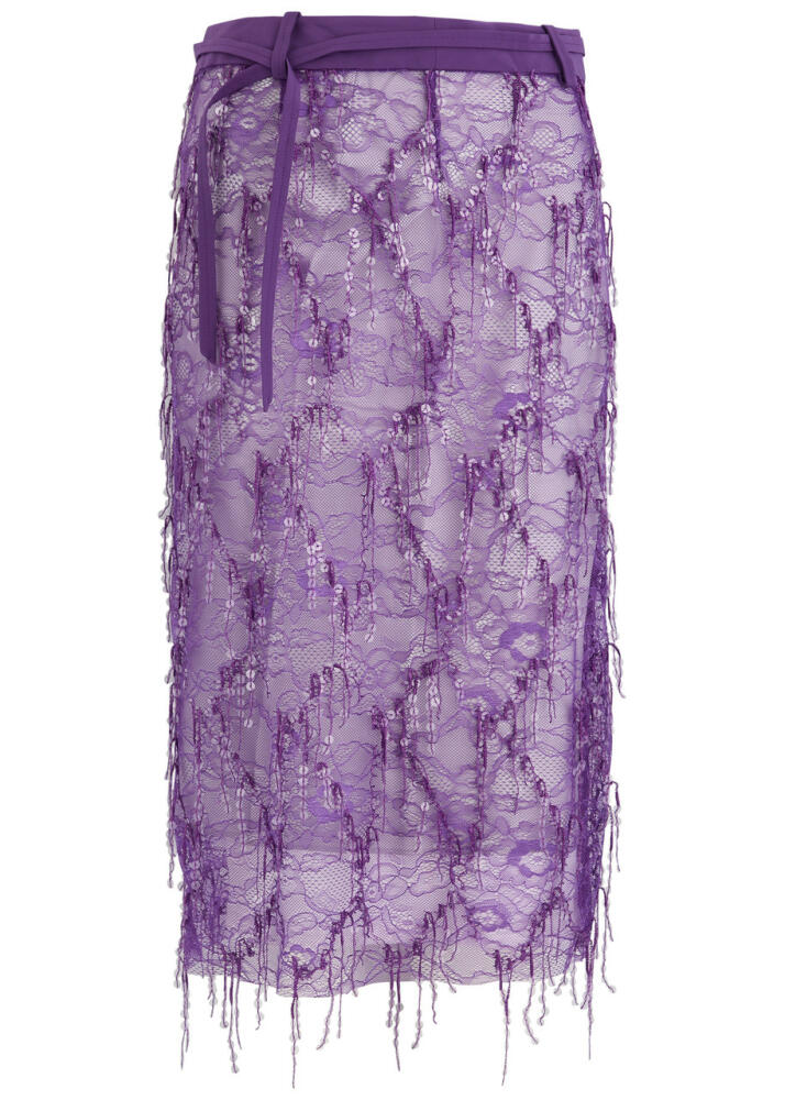 Christopher Esber Sequin-embellished Fringed Lace Midi Skirt - Lilac Cover