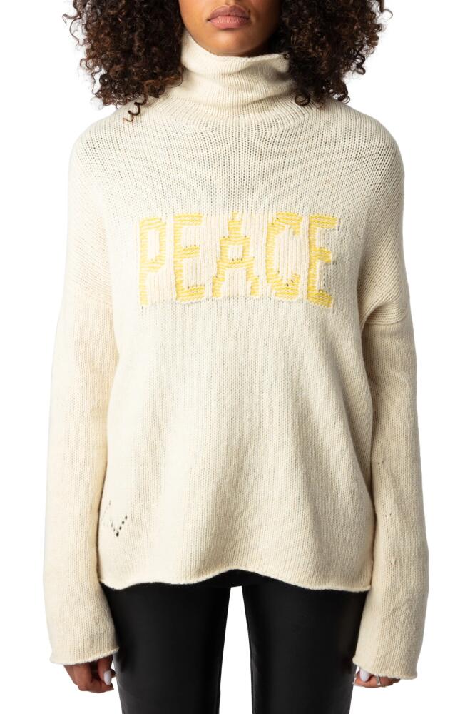 Zadig & Voltaire Almy We Peace Wool Graphic Funnel Neck Sweater in Latte Cover