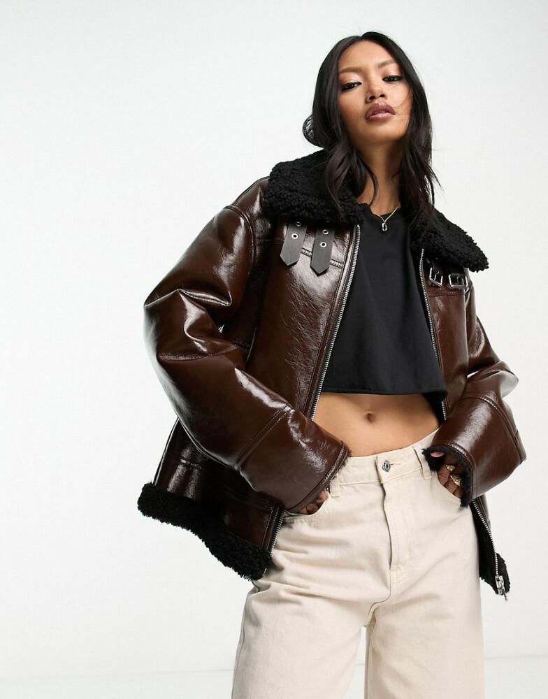 Mango aviator jacket with faux shearling lining in brown Cover