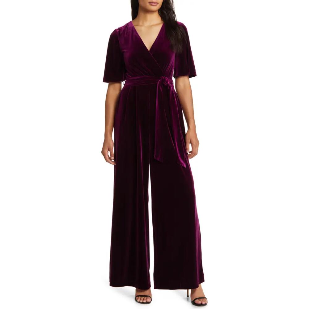 Eliza J Wide Leg Faux Wrap Velvet Jumpsuit in Plum Cover