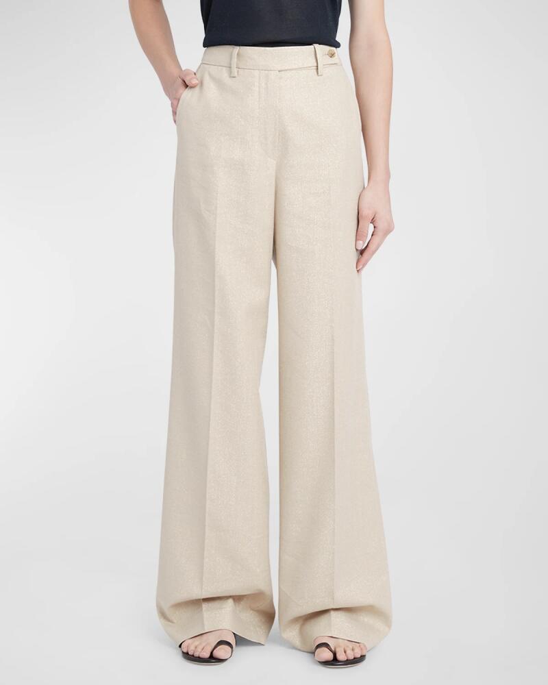 Kiton High-Rise Metallic Linen-Blend Wide-Leg Pants Cover