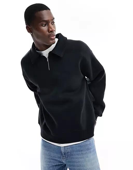 Selected Homme oversized half zip long sleeved polo in black sweatshirt fabric Cover