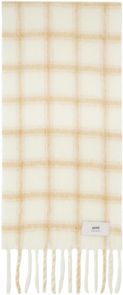 AMI Paris Off-White & Beige Checkered Label Scarf Cover