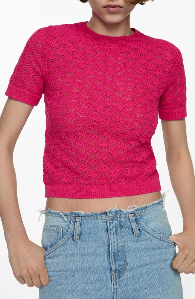 MANGO Sito Crochet Stitch Short Sleeve Sweater in Bright Pink Cover