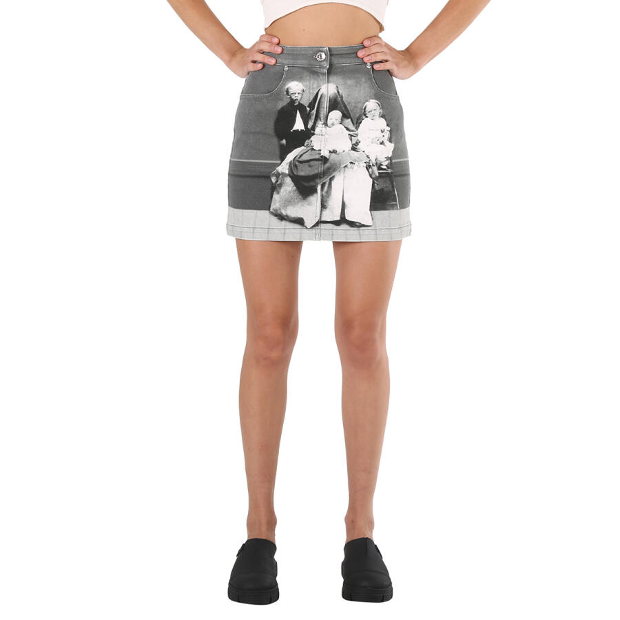 Burberry Grey Stretch Denim Victorian Portrait Print Mini Skirt Cover