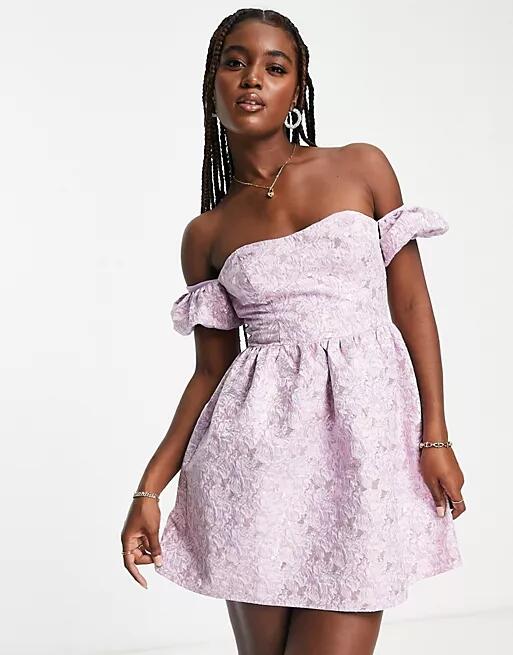 Miss Selfridge jacquard puff sleeve bardot mini dress in lilac-Purple Cover