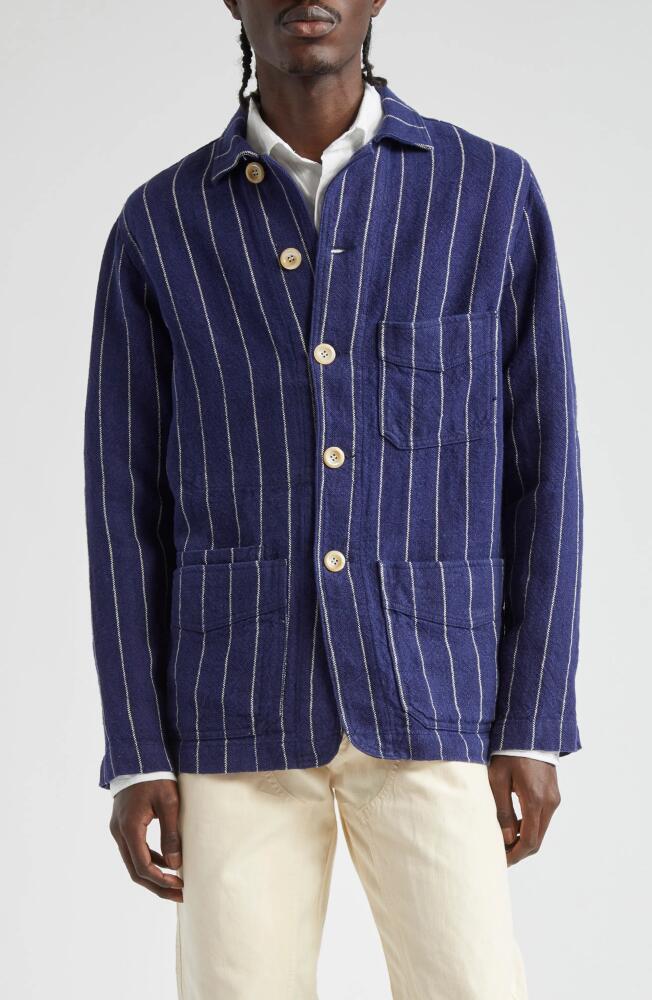 Drake's Pinstripe Linen Chore Jacket in Navy And White Cover