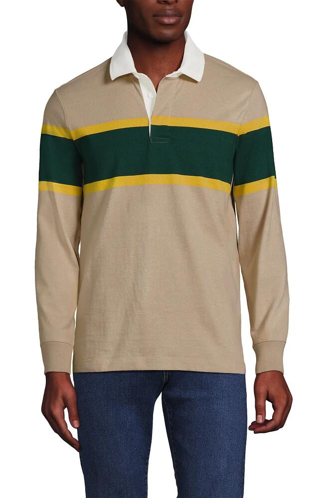 Lands' End Long Sleeve Rugby Shirt in Almond/evergreen Rugby Stripe Cover