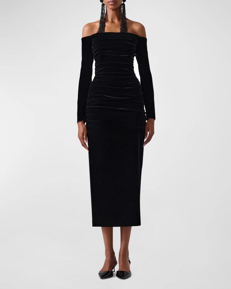 Carolina Herrera Off-The-Shoulder Ruched Velvet Midi Dress Cover