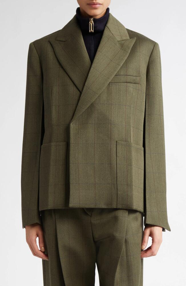 Victoria Beckham Windowpane Check Slant Shoulder Double Breasted Wool Jacket in Dark Fern Cover