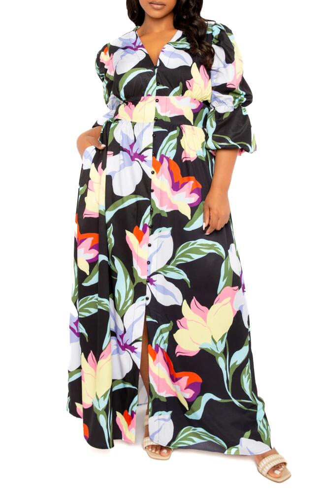 BUXOM COUTURE Floral Puff Sleeve Maxi Dress in Black Multi Cover