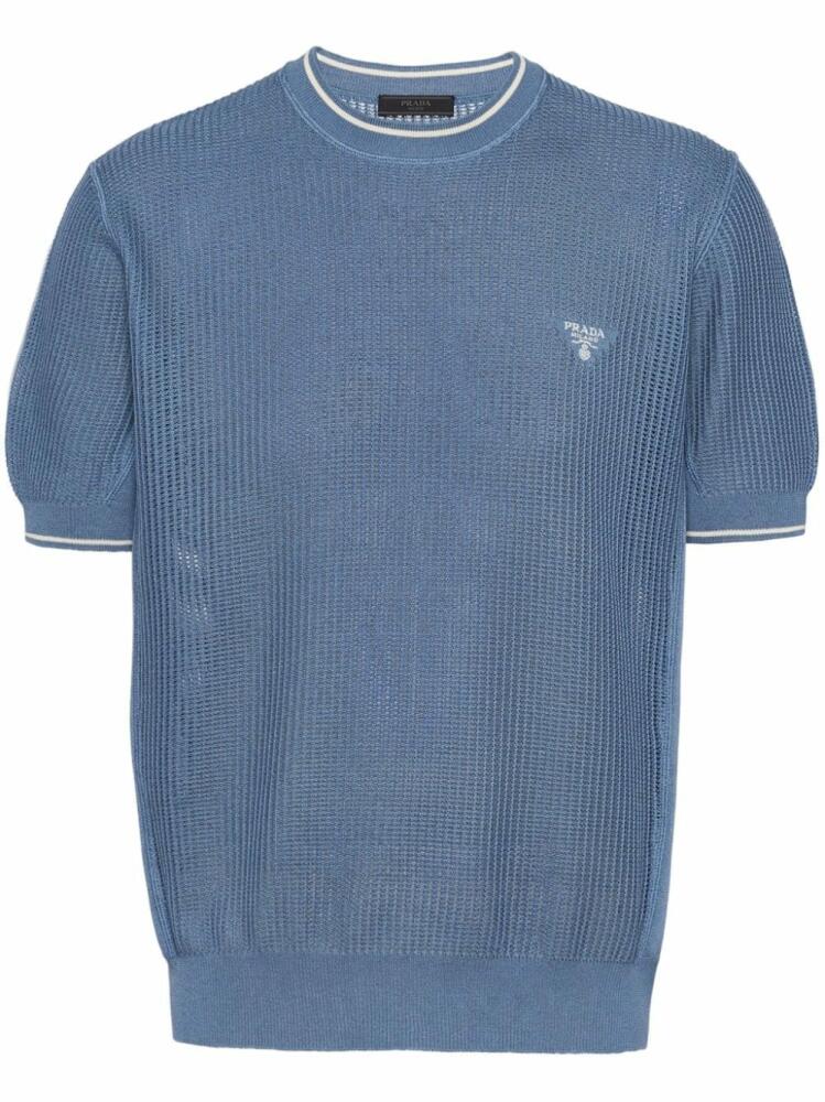 Prada logo-embroidered open-knit T-shirt - Blue Cover