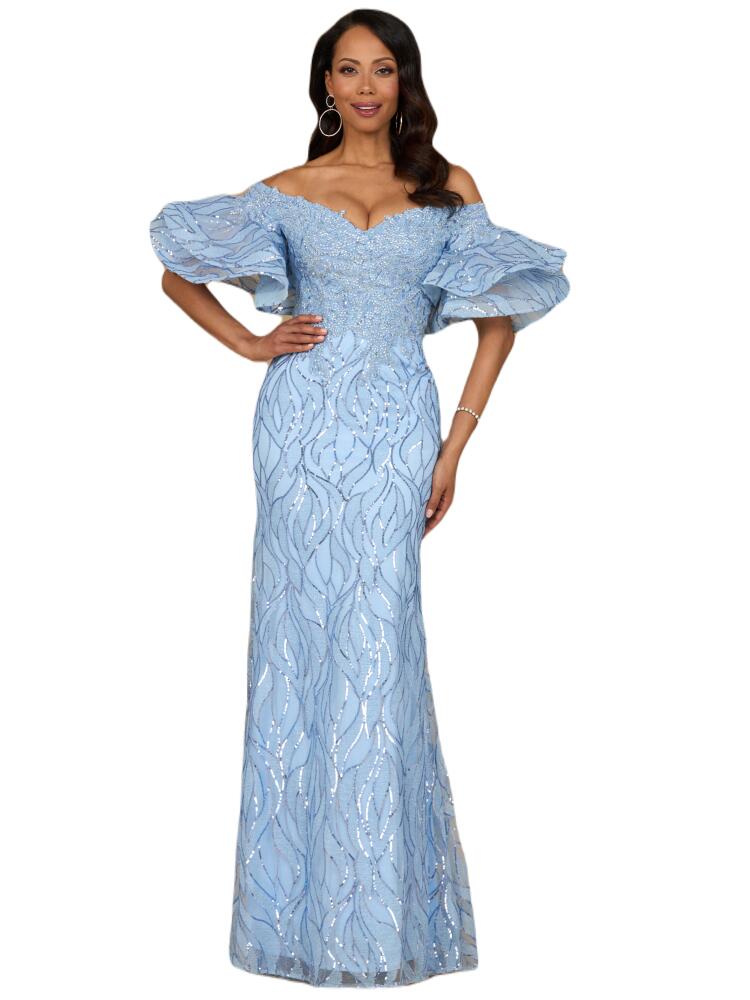 LARA New York Off Shoulder Mermaid Beaded Gown with Tiered Sleeves in Periwinkle Cover