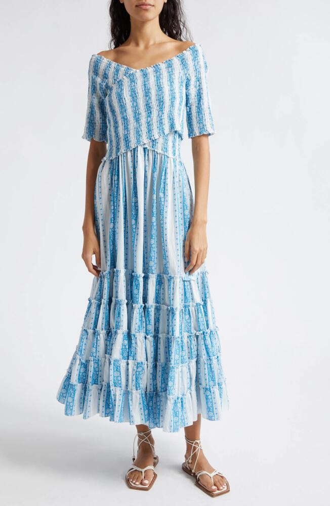 MILLE Celia Stripe Smocked Bodice Tiered Ruffle Maxi Dress in Aqua Jaipur Stripe Cover