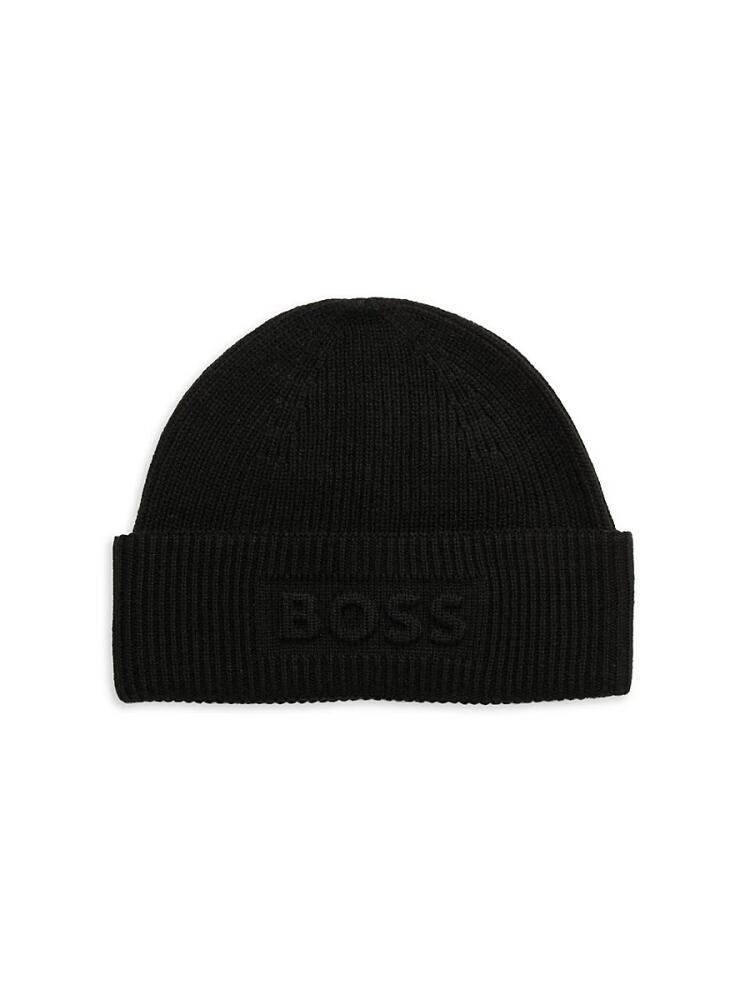 Men's Alogo Embossed Ribbed Virgin Wool Beanie - Black Cover