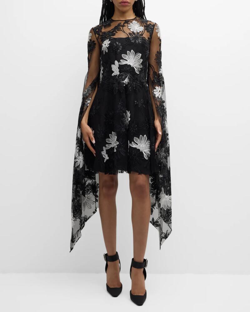 Naeem Khan Floral Lace Cascading-Sleeve Dress Cover