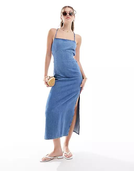 Bershka strappy denim maxi dress in blue wash Cover