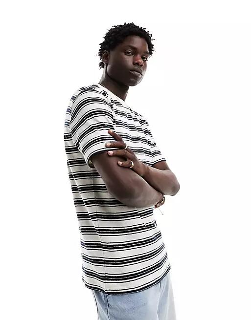 Selected Homme oversized textured T-shirt in navy and white stripe-Multi Cover