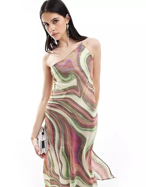 Mango one-shoulder wave print midi dress in pink Cover