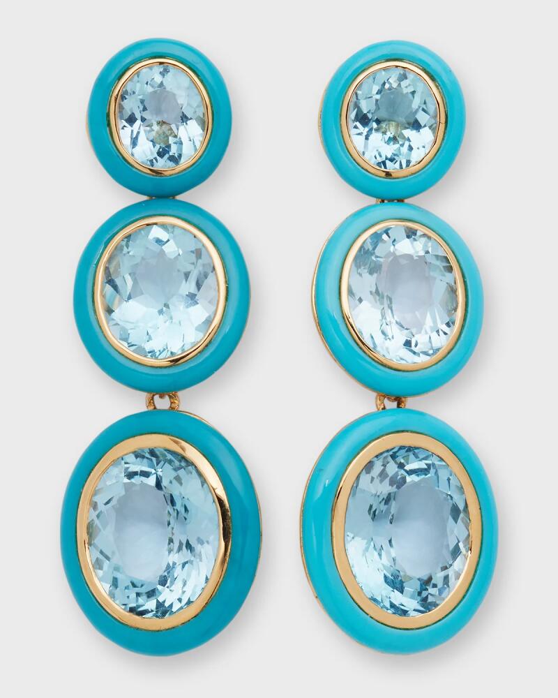 Goshwara Melange 3-Tier Oval Earrings in 18k Gold with Blue Topaz &Turquoise Cover