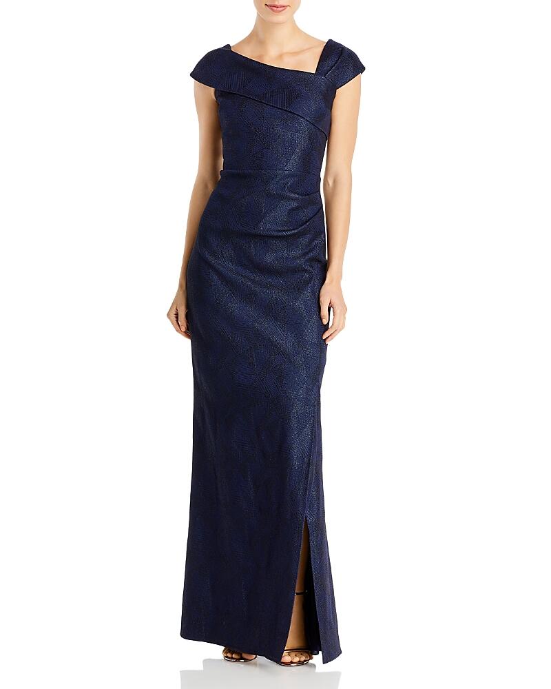 Teri Jon by Rickie Freeman Metallic Jacquard Asymmetric Neck Column Gown Cover