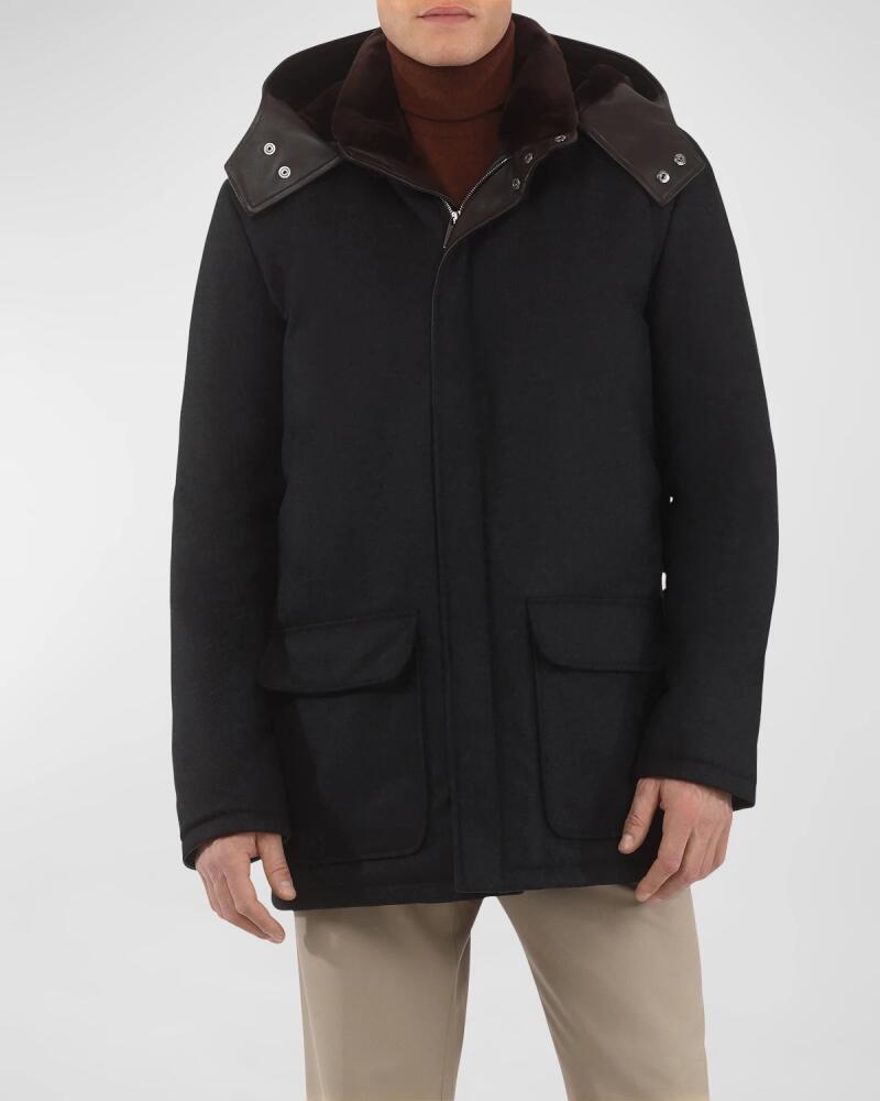 Gorski Men's Loro Piana Wool-Cashmere Parka with Lamb Shearling Collar and Detachable Hood Cover