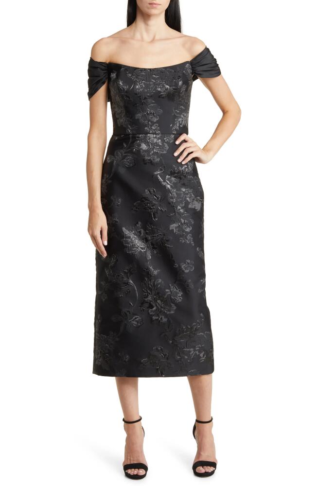 Amsale Floral Off the Shoulder Brocade Cocktail Dress in Black Cover