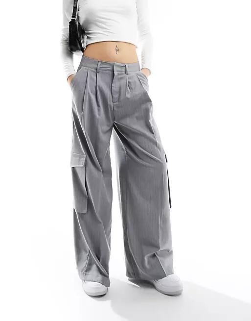 Bershka cargo wide leg tailored pants in gray pinstripe Cover