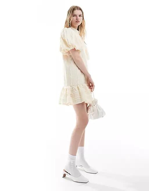 Ghospell textured puff sleeve mini dress in ivory-White Cover