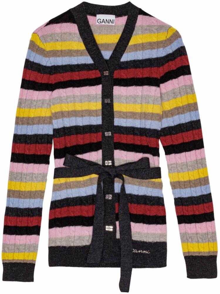 GANNI logo-embroidered striped belted cardigan - Pink Cover