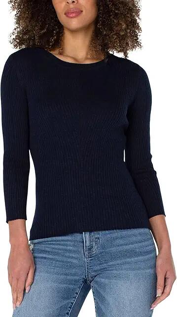 Liverpool Los Angeles Crew Neck 3/4 Sleeve Sweater with Pointelle (Dark Navy) Women's Sweater Cover