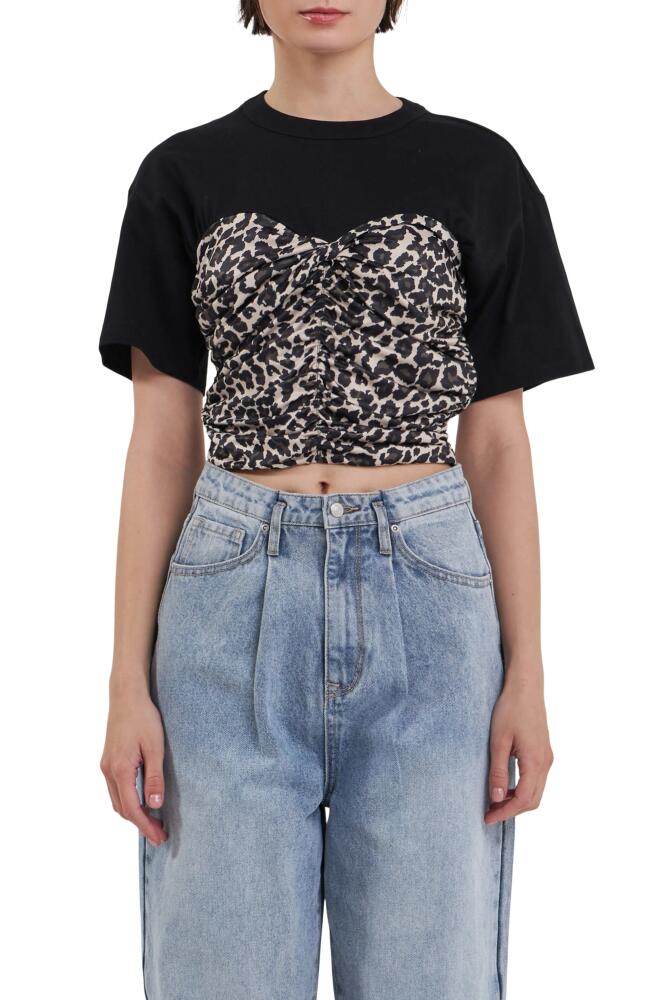 Grey Lab Leopard Smocked Crop T-Shirt in Black Multi Cover