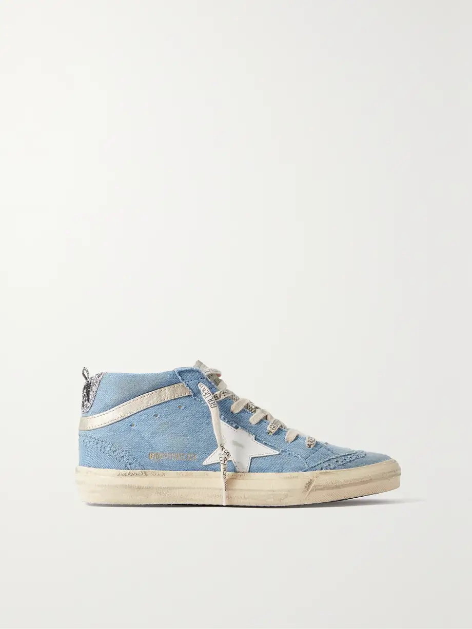 Golden Goose - Mid Star Glittered Leather-trimmed Distressed Denim High-top Sneakers - Blue Cover