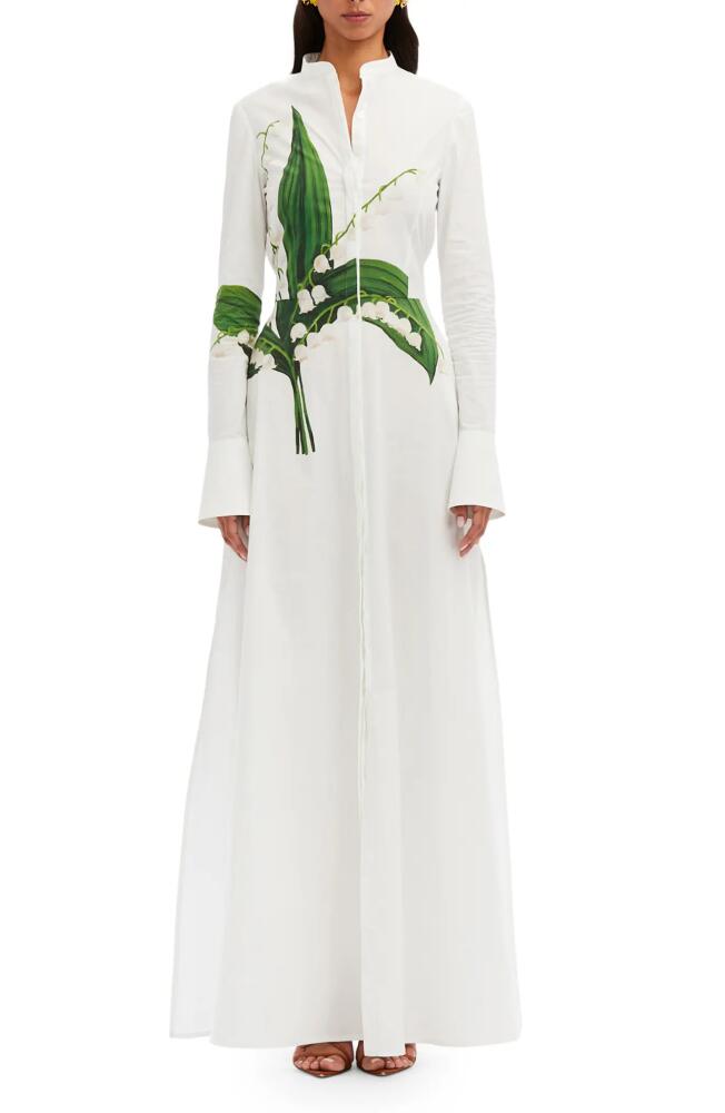 Oscar de la Renta Lily of the Valley Long Sleeve Tie Waist Maxi Shirtdress in Green/White Cover