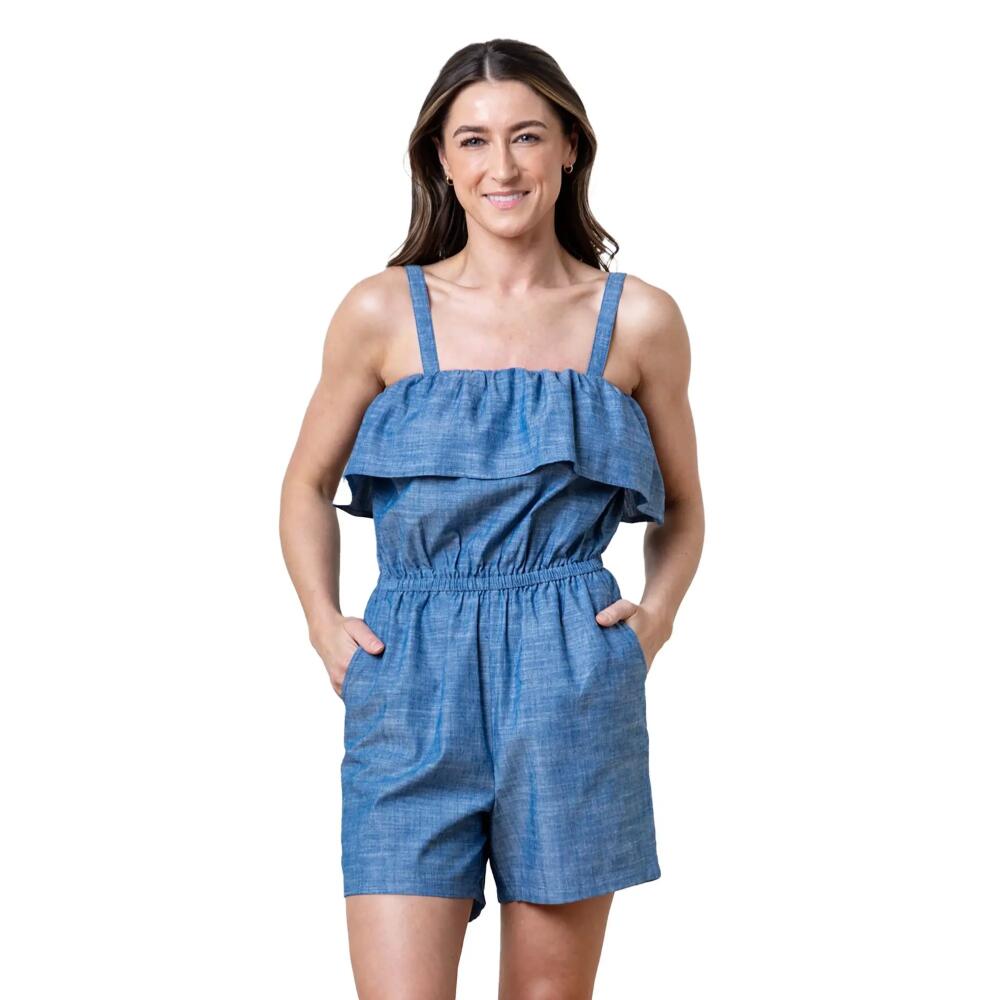 Hope & Henry Women's Organic Ruffle Top Chambray Romper in Chambray Ruffle Cover