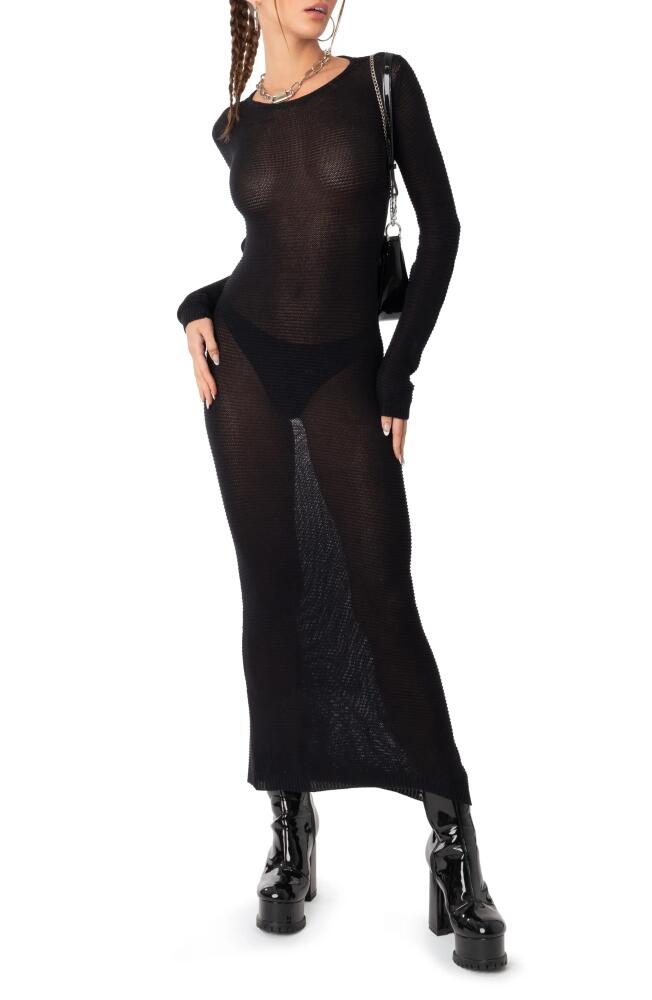 EDIKTED London Open Back Long Sleeve Knit Maxi Dress in Black Cover