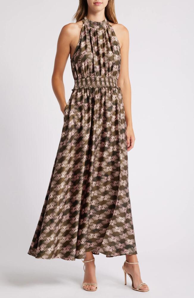 MELLODAY Geo Print Smocked Waist Maxi Dress in Dark Olive Geo Cover